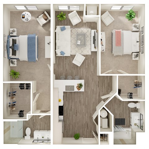 Floor plan for 2 beds, 2 baths, 1053 sqft
